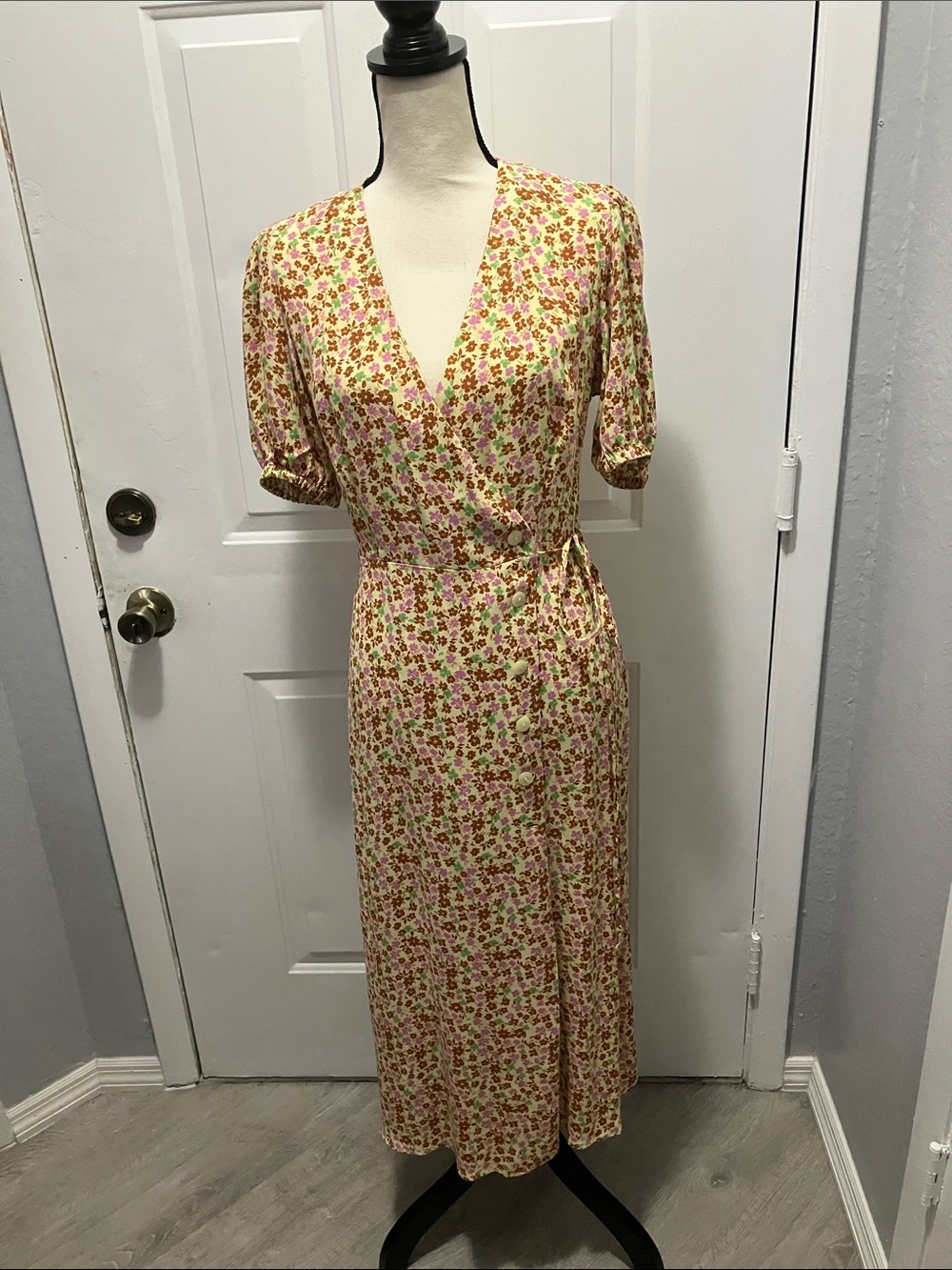 Mango Cream Midi Wrap Dress with Pink and Green Floral Print